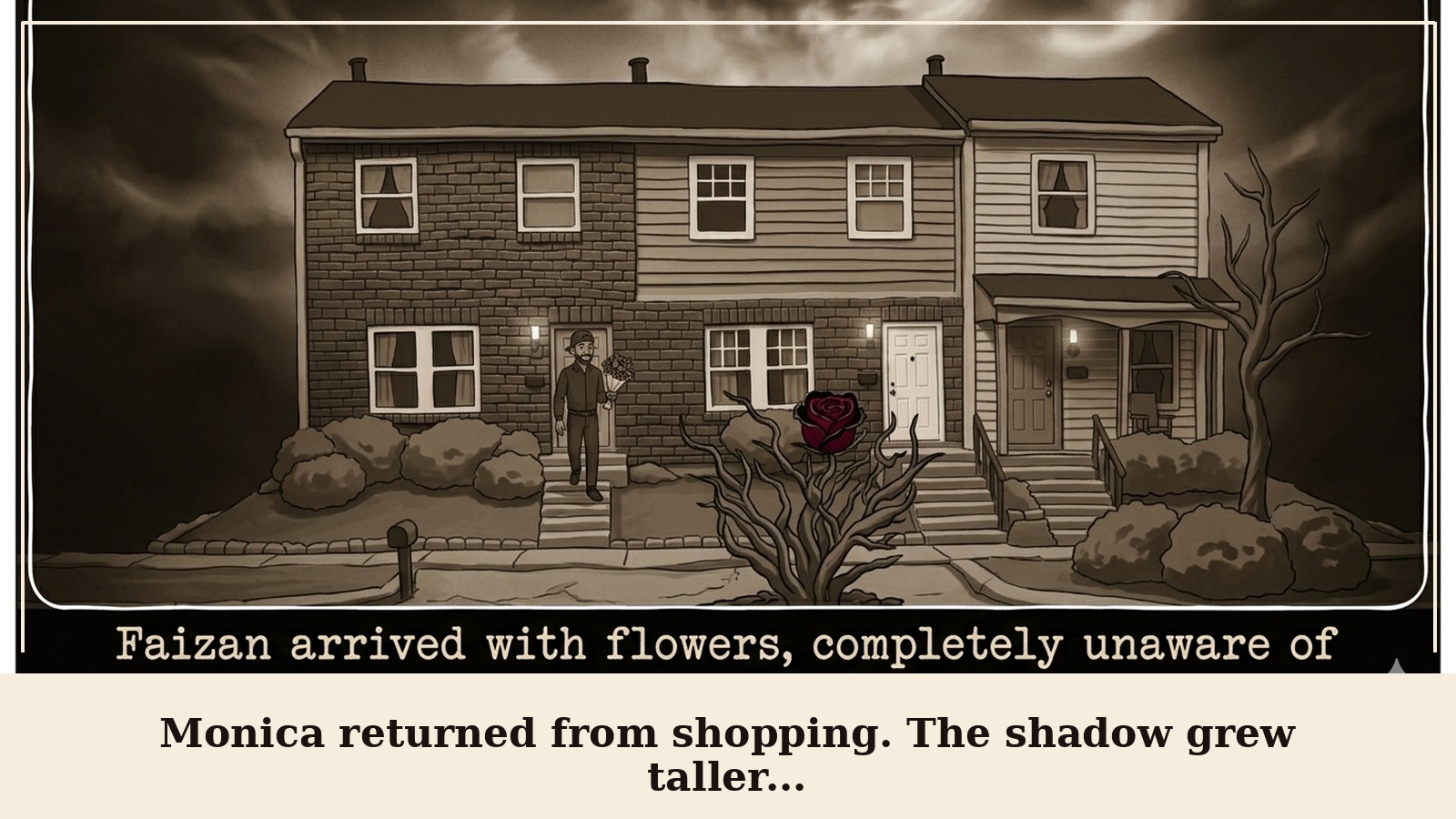 Panel 1: Monica returned from shopping. The shadow grew taller.