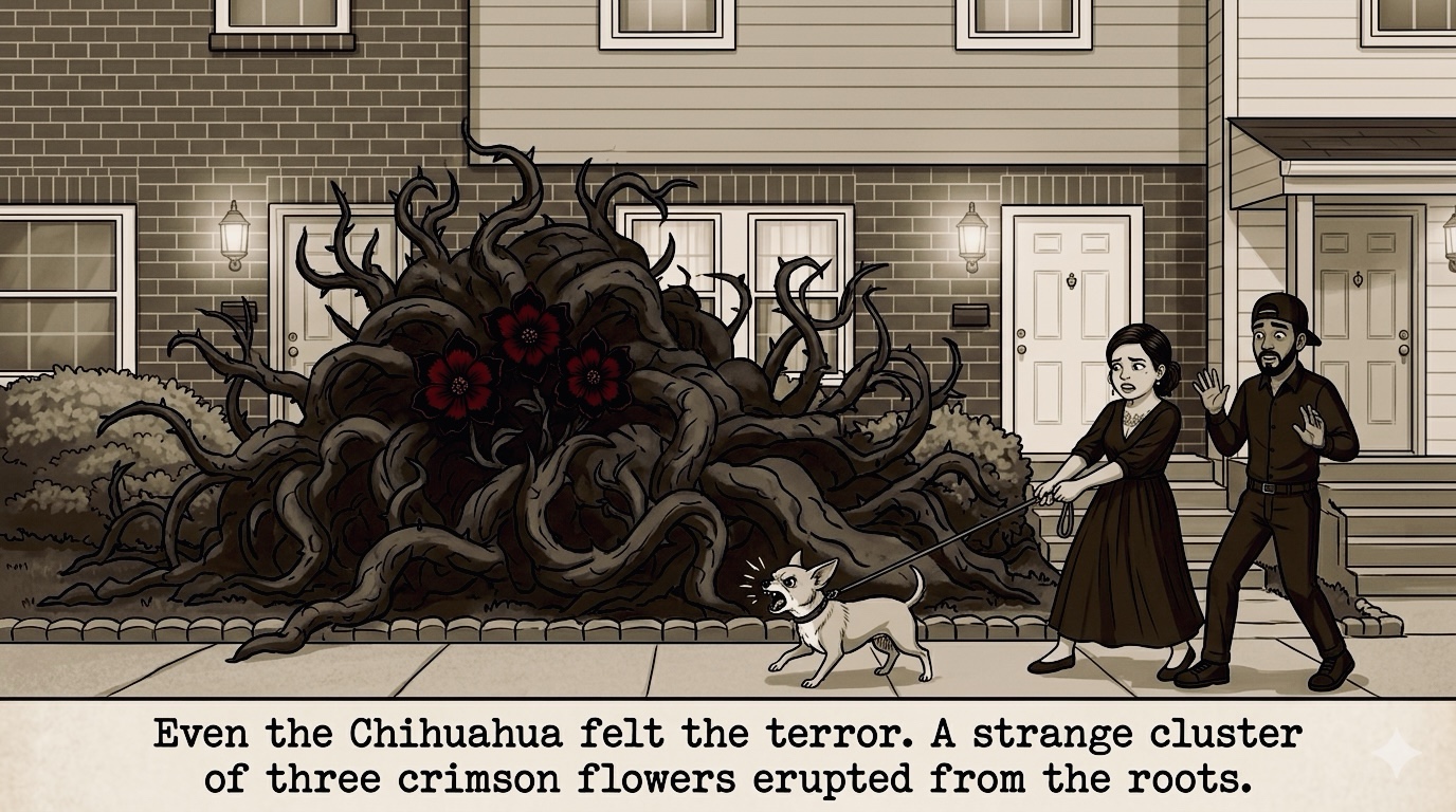 Panel five with Monica, Faizan, and the chihuahua facing the overgrown crimson thicket outside the home.