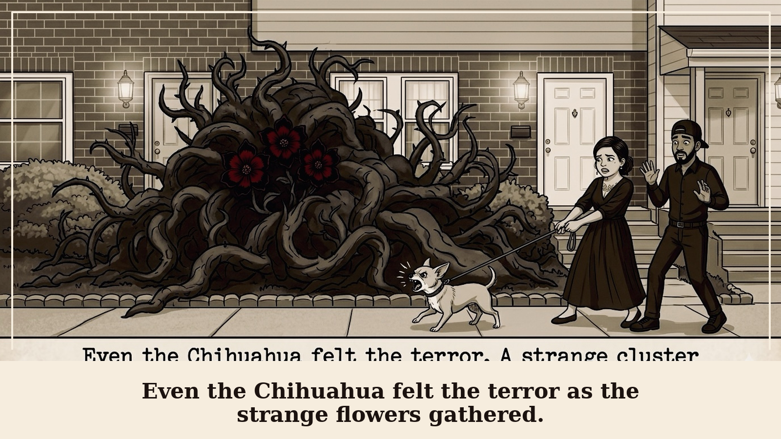 Panel 3: Even the Chihuahua felt the terror as the strange flowers gathered.