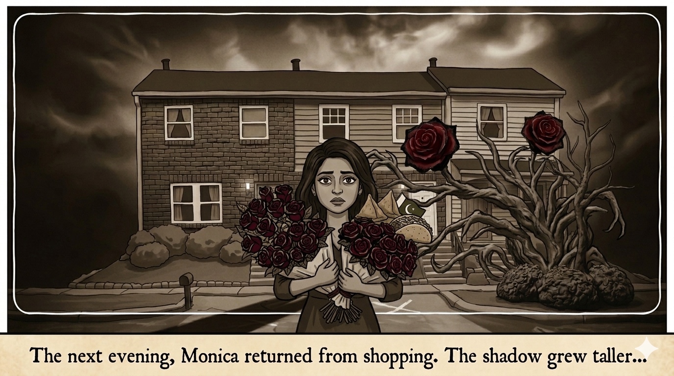 Plot twist panel showing Monica returning as the ominous roses and twisted branches spread.