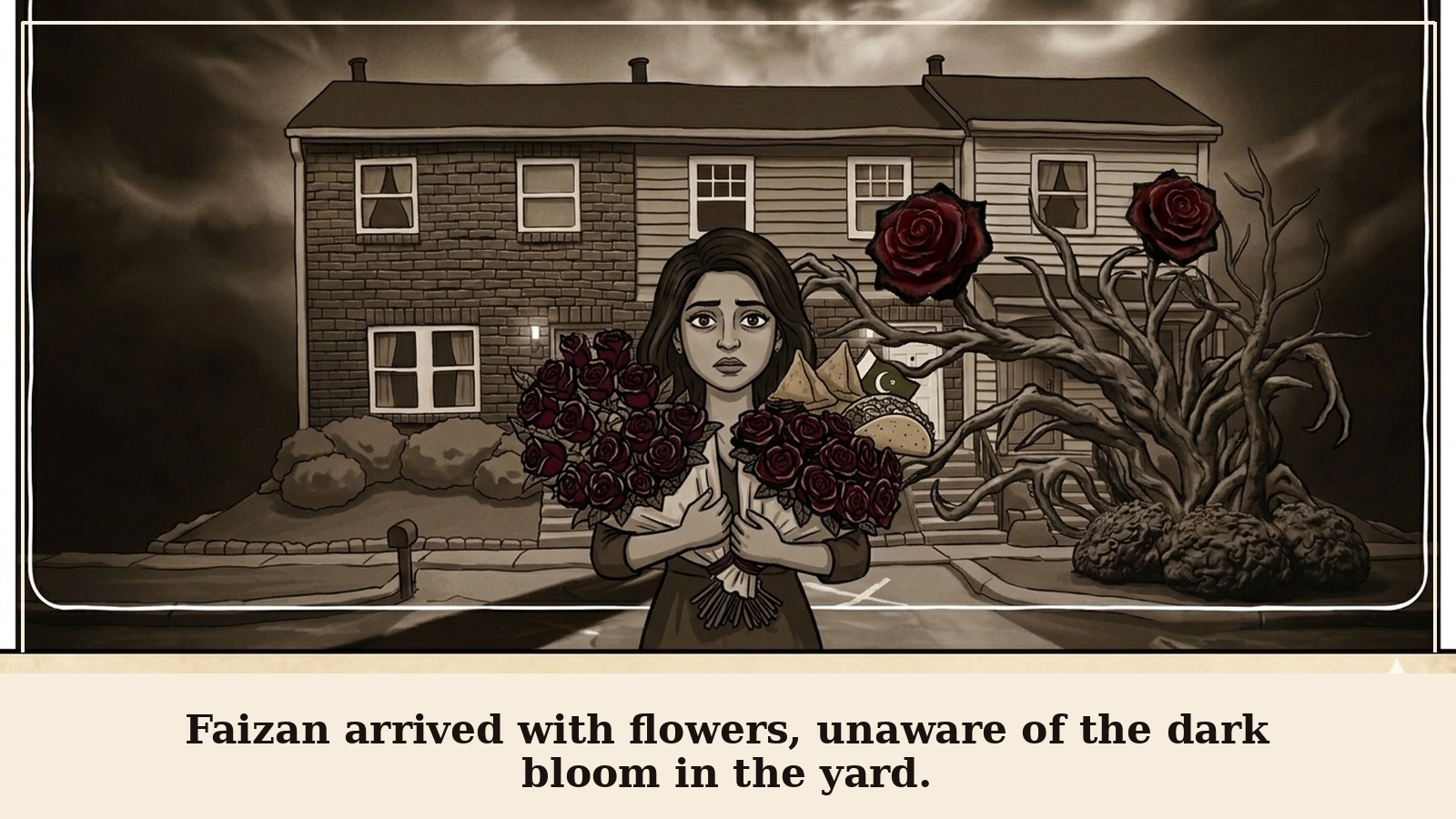 Panel 2: Faizan arrived with flowers, unaware of the dark bloom in the yard.