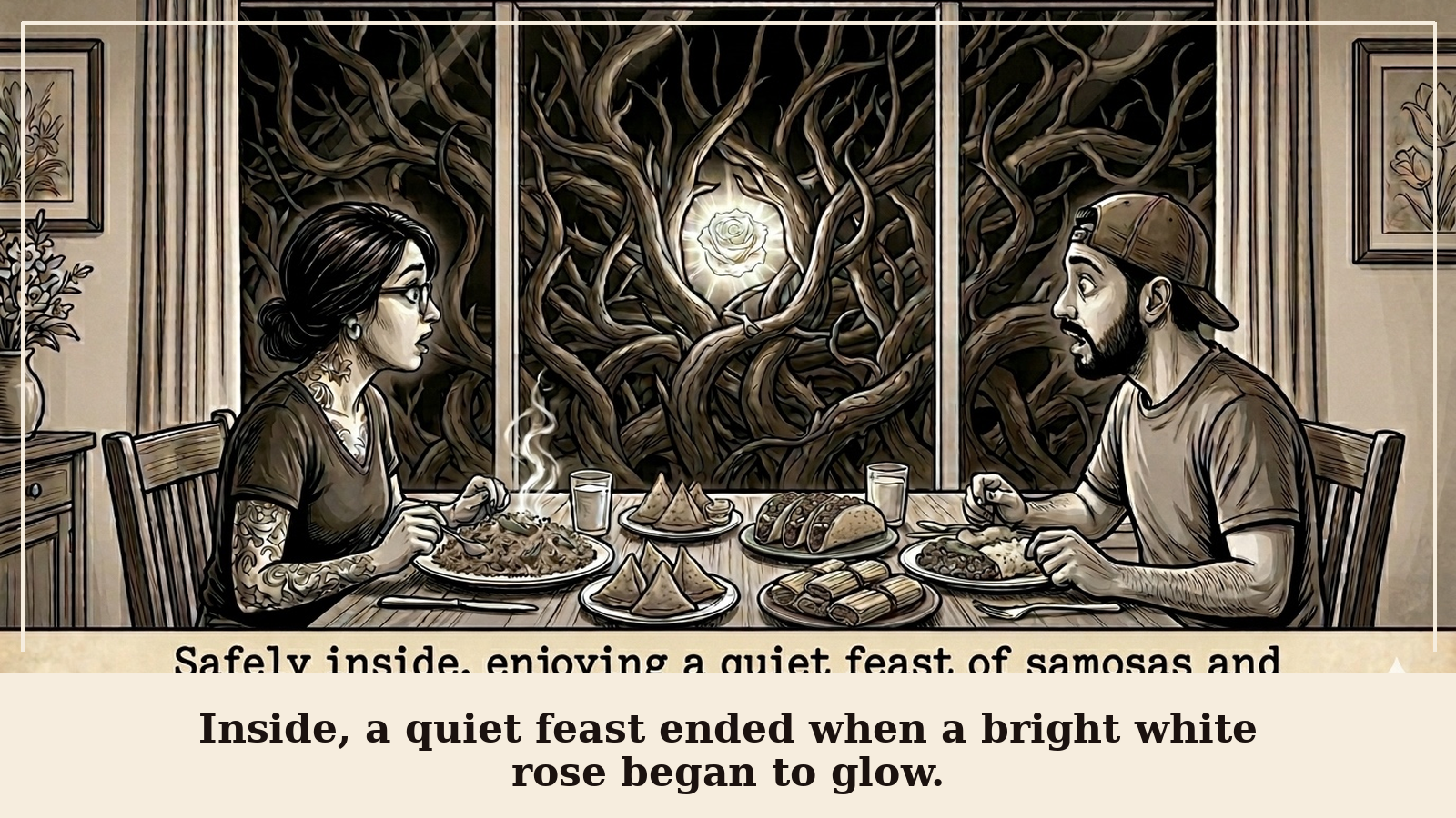 Panel 4: Inside, a quiet feast ended when a bright white rose began to glow.