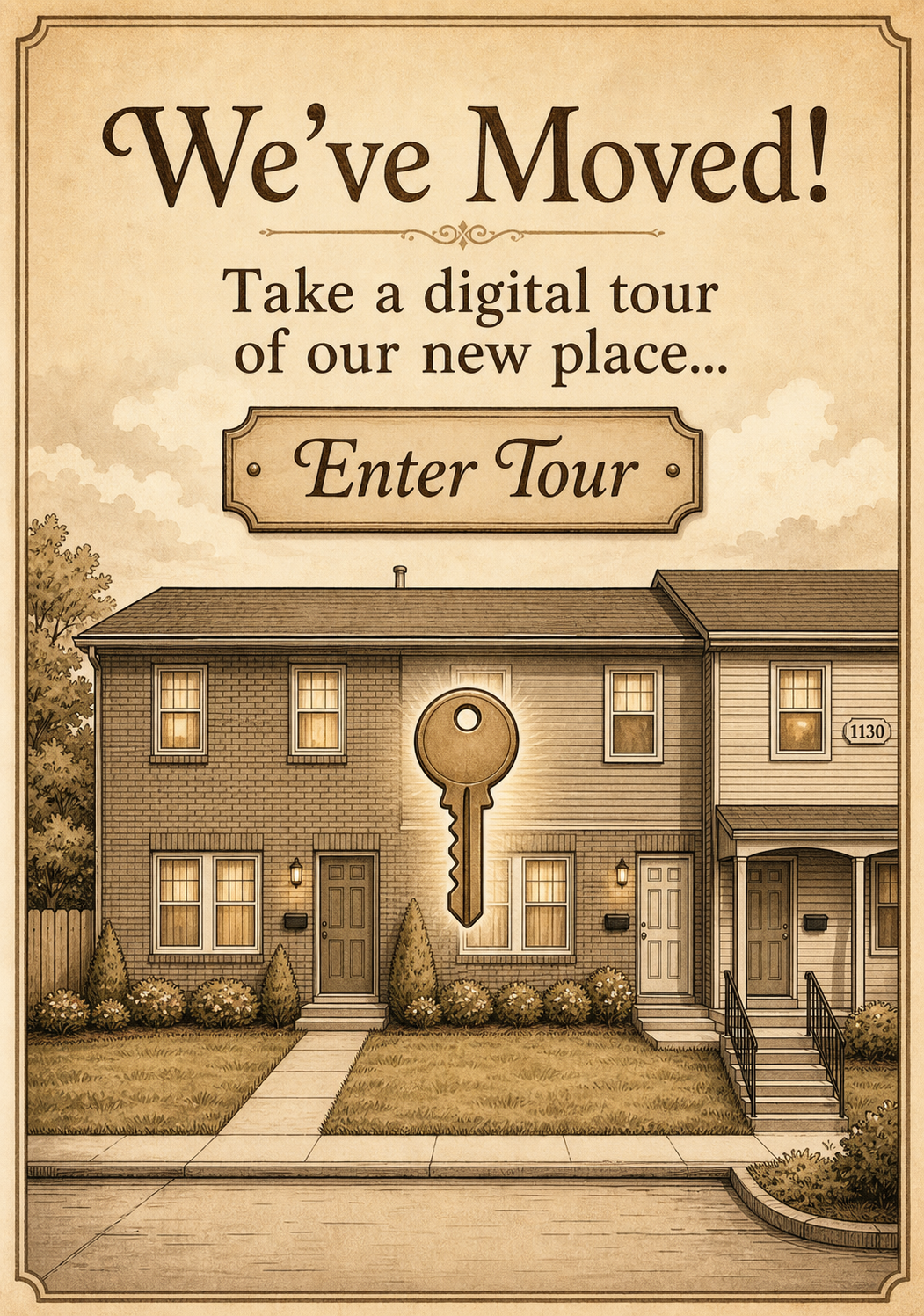 Warm invitation entry screen for the housewarming tour.